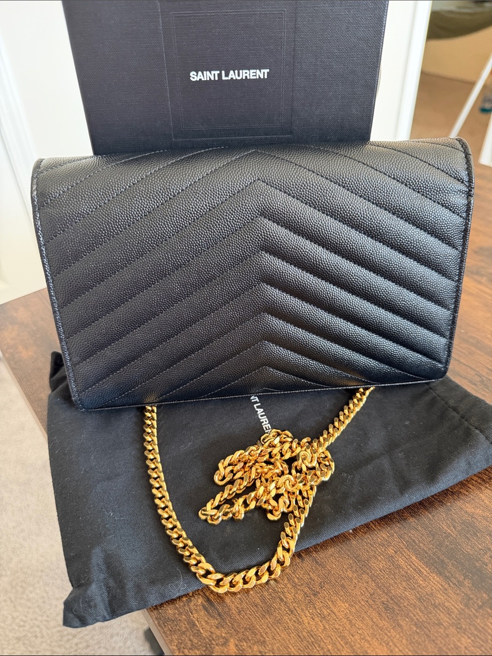 Saint Laurent Black Quilted Leather Envelope Crossbody with Gold YSL Chain - Picture 6 of 7